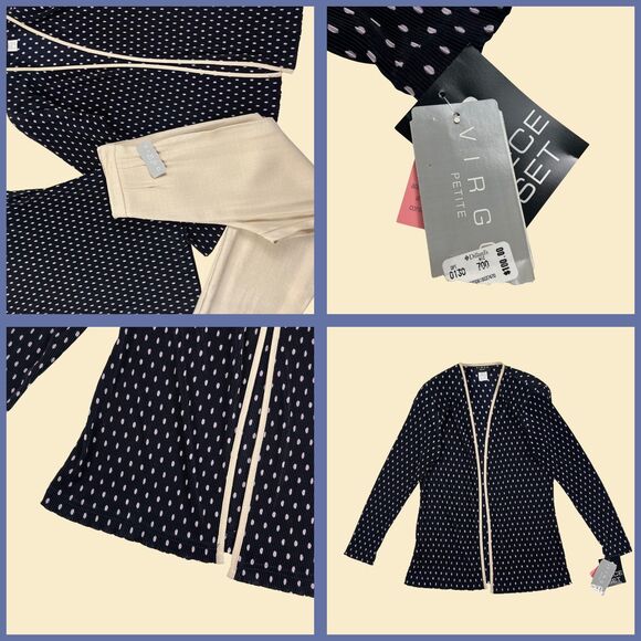 2000s polka dot jacket & pant set by Virgo Petite, vintage size 10P beige/navy - Picture 2 of 8